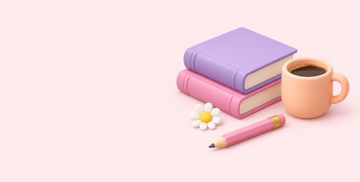 Pastel books, a coffee cup and a little daisy